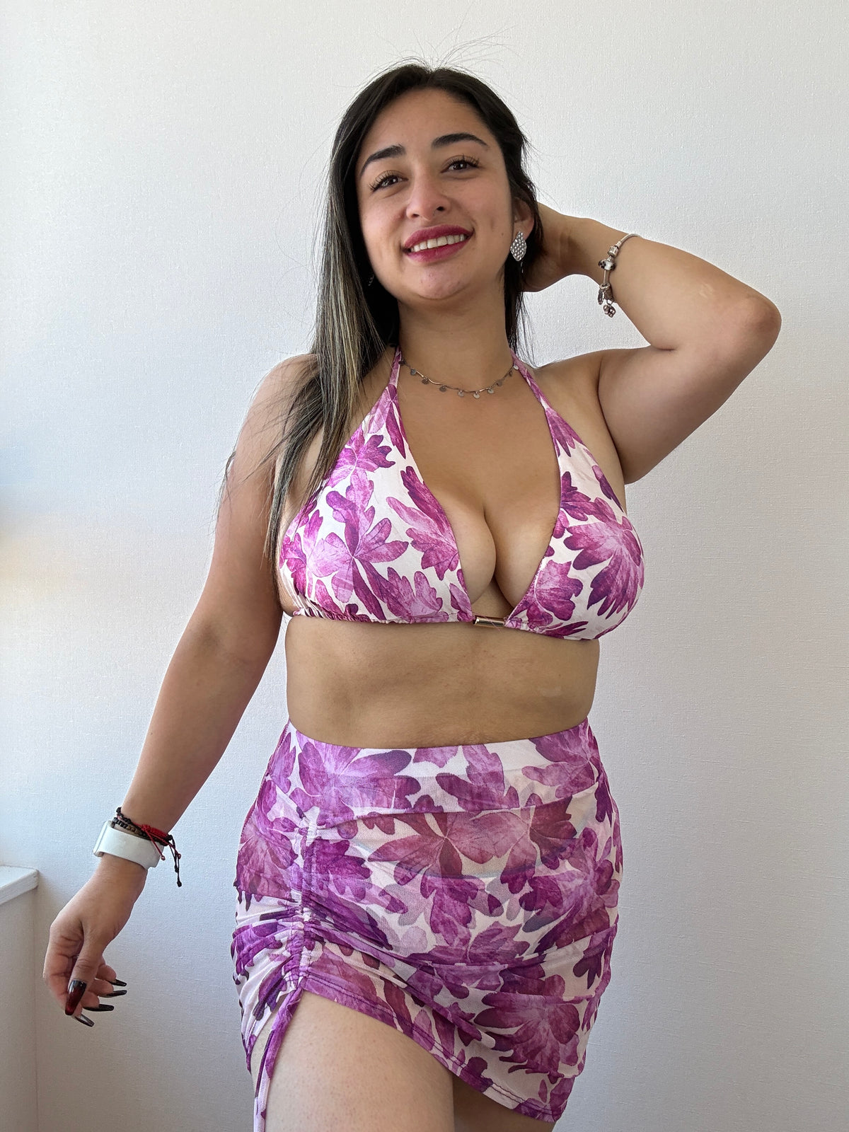 Bikinis 3 piezas Brasil L/XL FALDA tul - Blanco morado hojitas