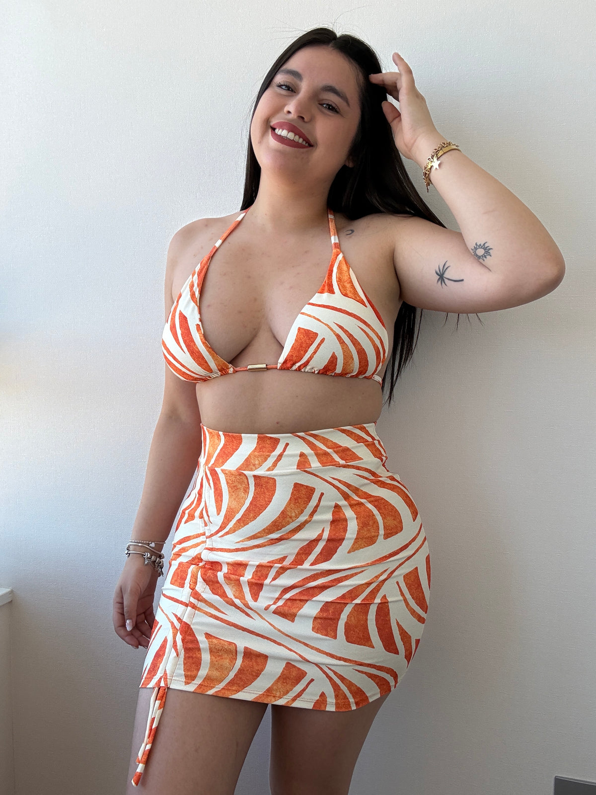 Bikinis 3 piezas Brasil S/M FALDA - Naranja blanco